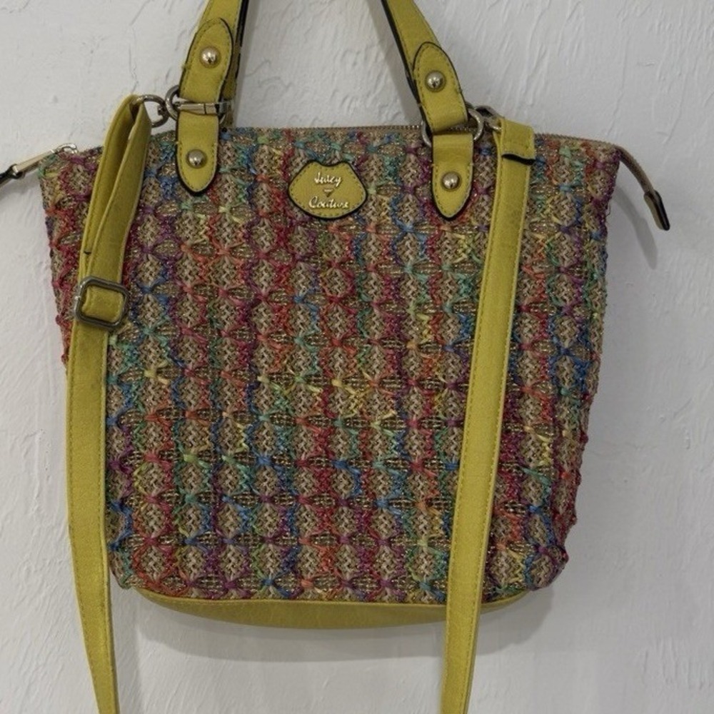 Juicy Couture Rainbow Woven Straw Crossbody Tote Bag Yellow Trim Lurex AJCH1510